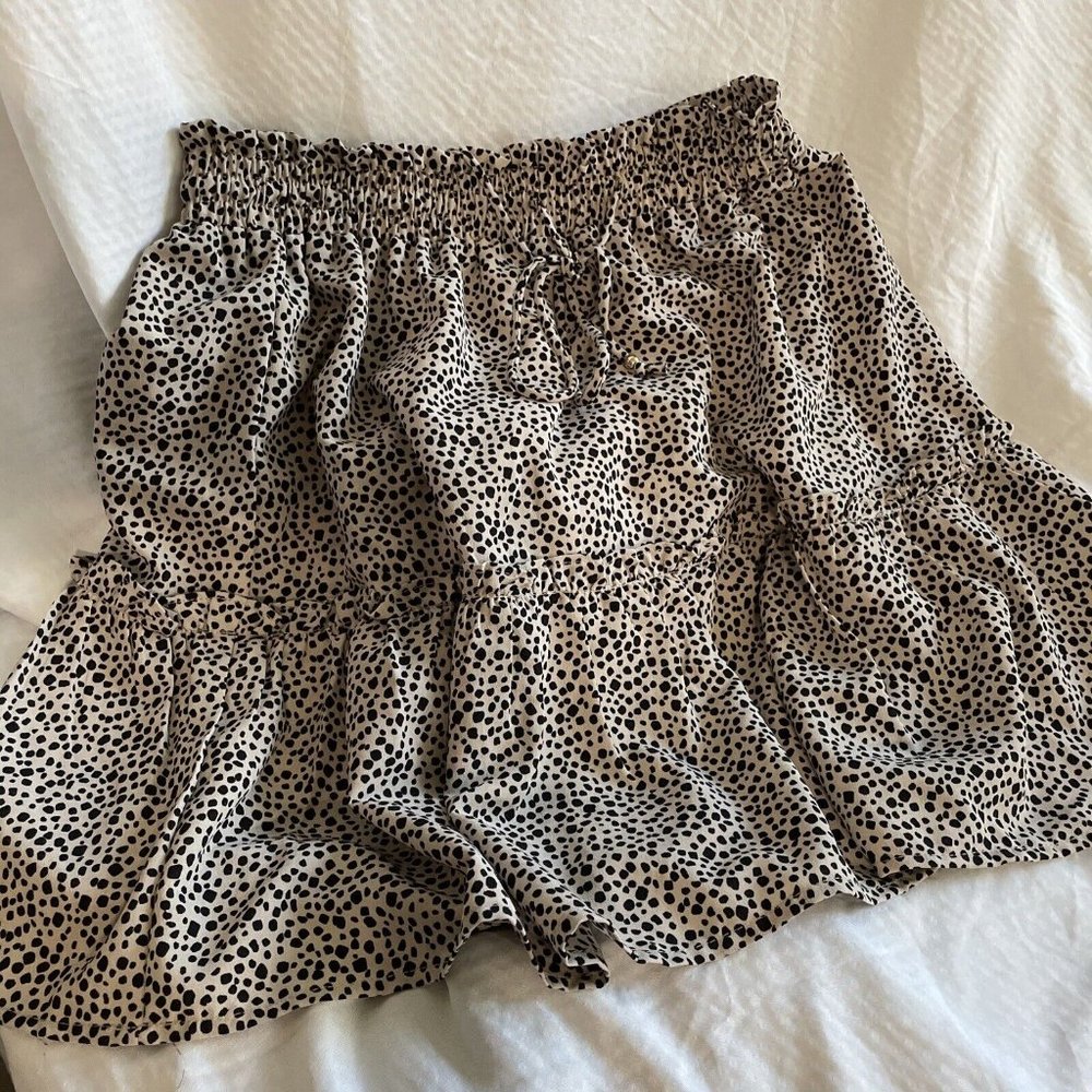 Crescent Brown Leopard Print Drawcord Tiered Pull On Mini Skirt Women's Large